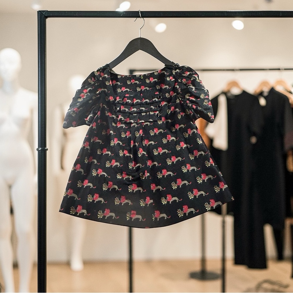 Anthropologie Leifsdottir Lion Floral Black Blouse with Puff Sleeves